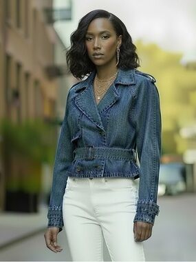 Cropped Denim Trench Coat / Jacket, Transitional Outerwear, Sz S.M,L‎ by Veveret